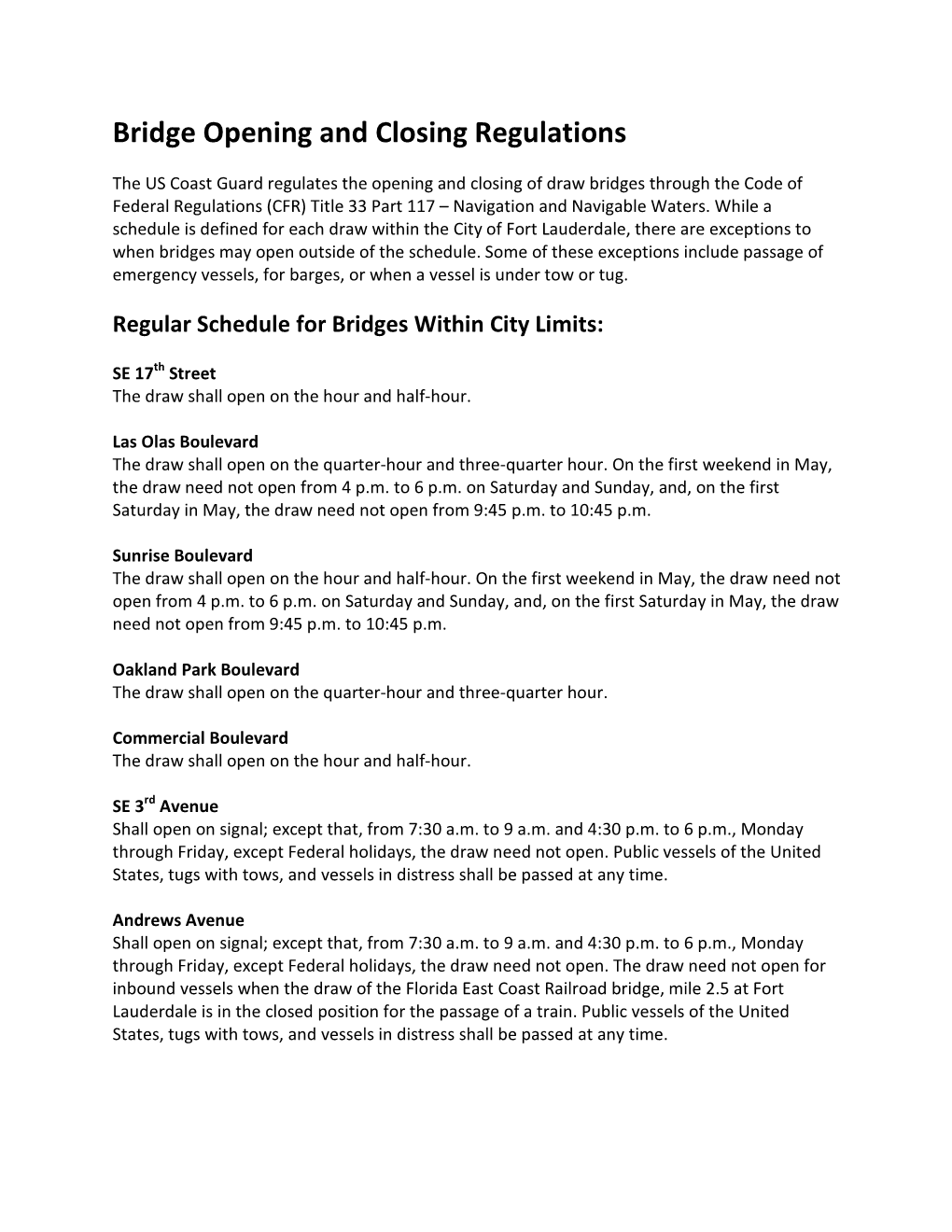 Bridge Opening and Closing Regulations