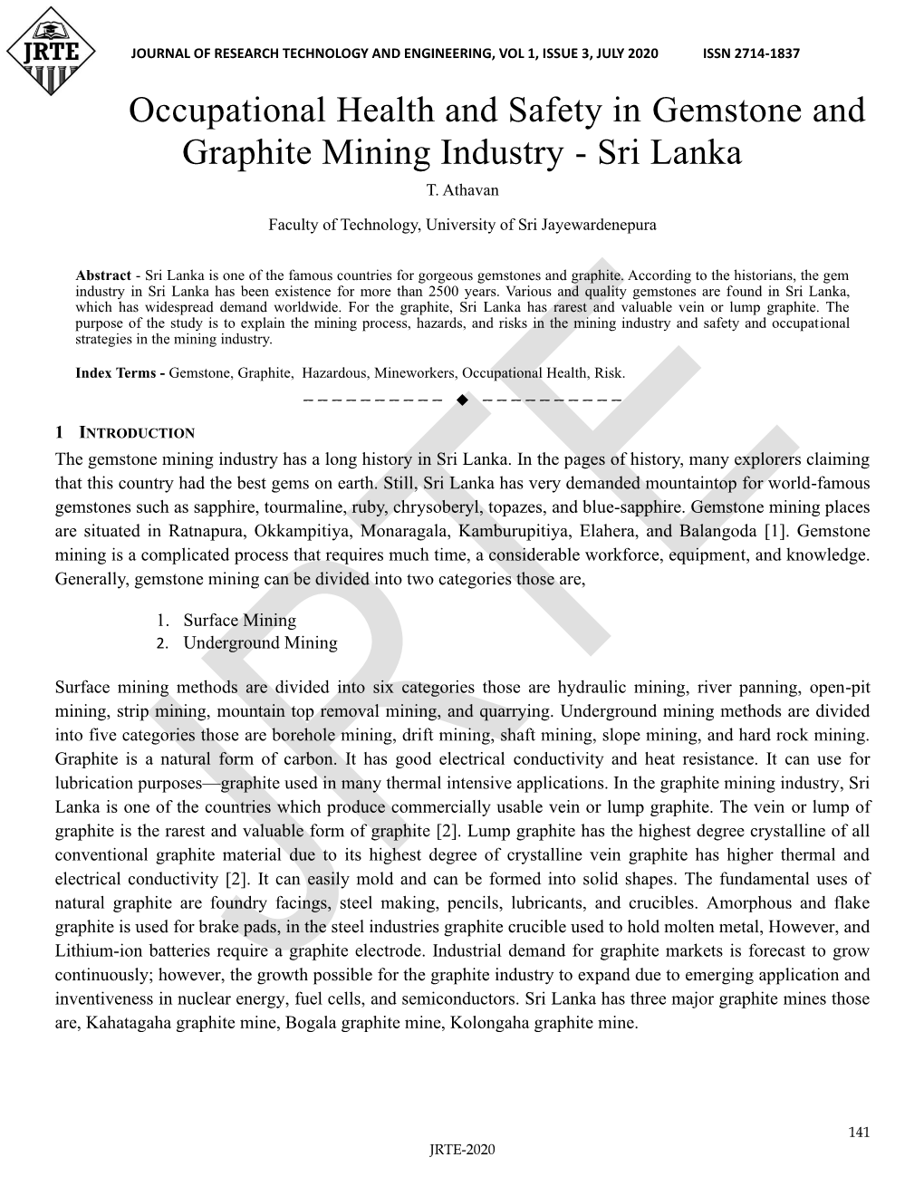 Occupational Health and Safety in Gemstone and Graphite Mining Industry - Sri Lanka T