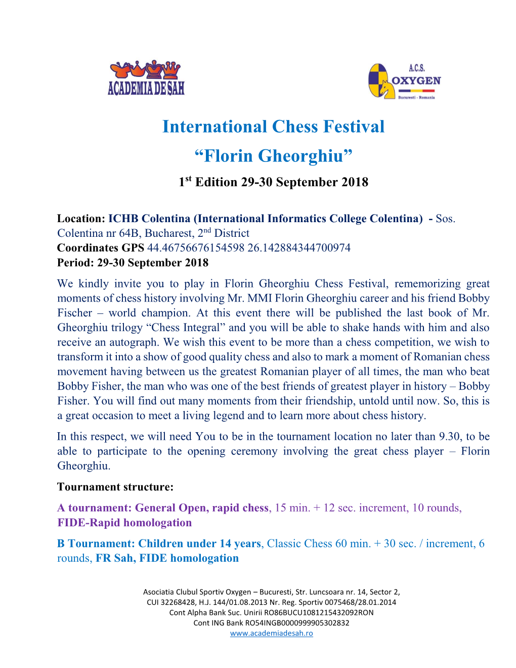 International Chess Festival “Florin Gheorghiu” 1St Edition 29-30 September 2018