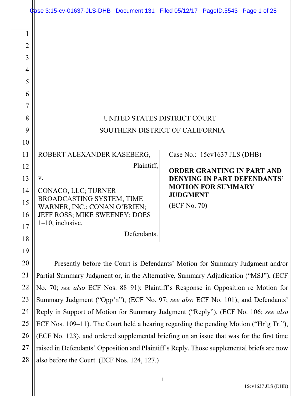 Order Granting in Part and Denying in Part Defendants' Motion for Summary Judgment