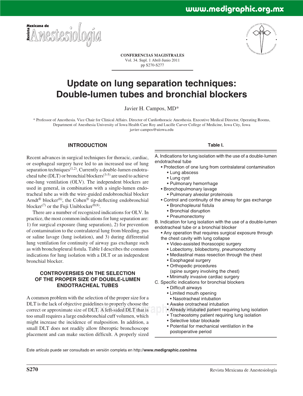 Update on Lung Separation Techniques: Double-Lumen Tubes and Bronchial Blockers Javier H