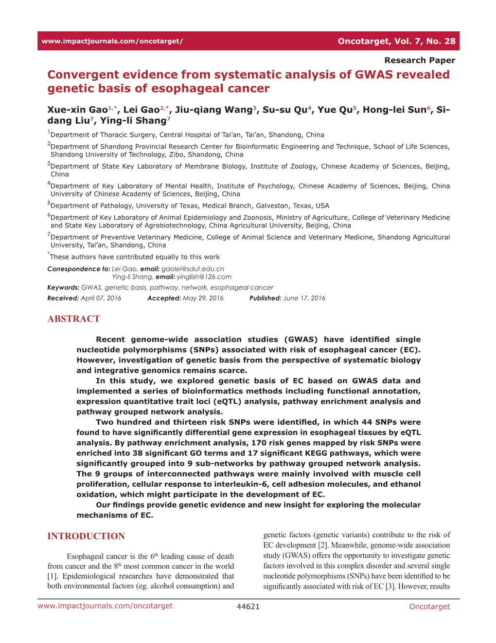 Convergent Evidence from Systematic Analysis of GWAS Revealed Genetic Basis of Esophageal Cancer