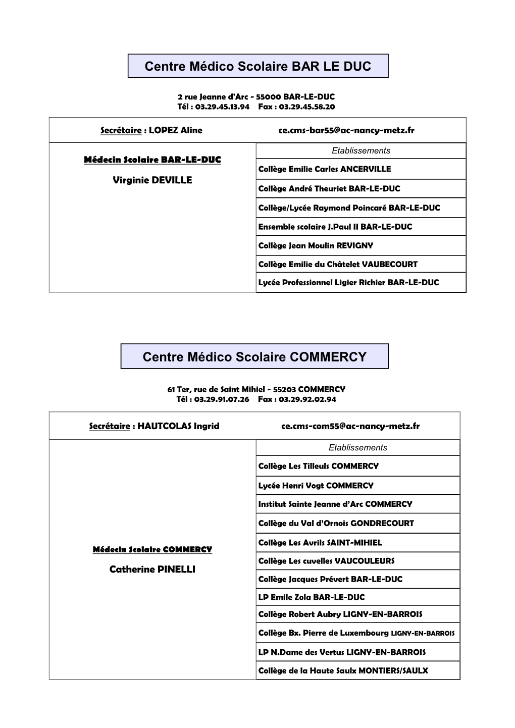 Centre Médico Scolaire BAR LE DUC Centre Médico Scolaire COMMERCY