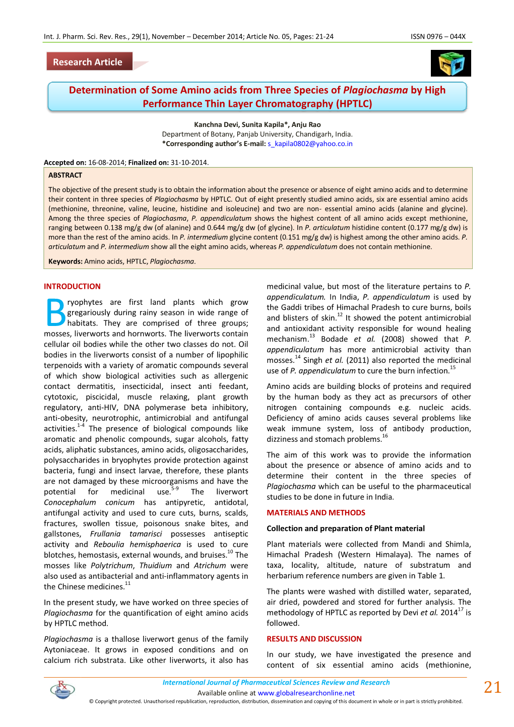 Determination of Some Amino Acids from Three Species of Plagiochasma by High Performance Thin Layer Chromatography (HPTLC)