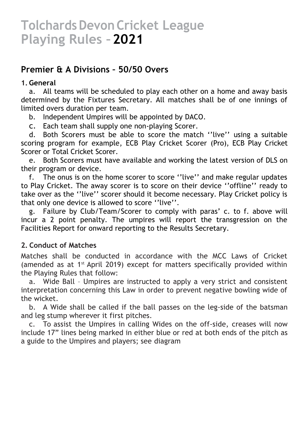 Tolchards Devon Cricket League Playing Rules – 2021