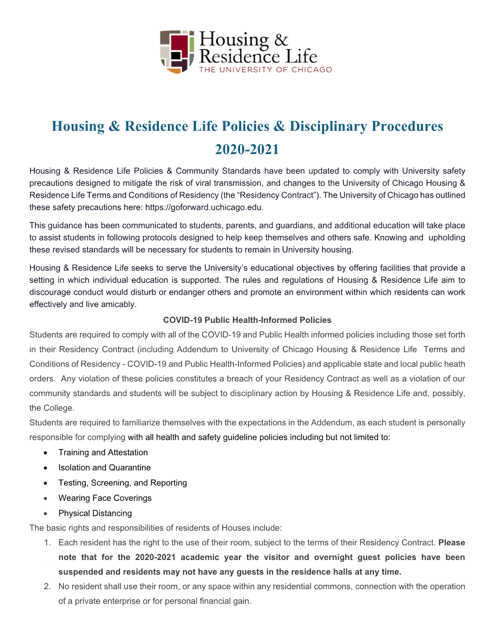 Housing & Residence Life Policies & Disciplinary Procedures 2020-2021