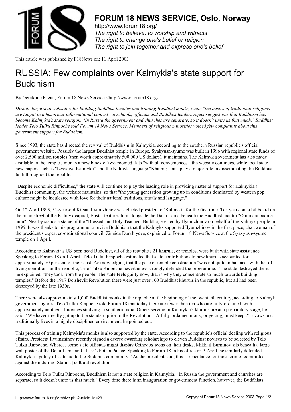 RUSSIA: Few Complaints Over Kalmykia's State Support for Buddhism