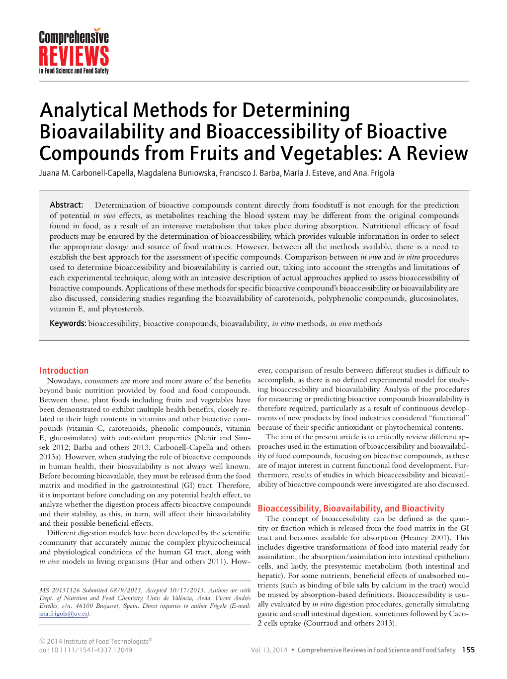 Analytical Methods for Determining Bioavailability and Bioaccessibility of Bioactive Compounds from Fruits and Vegetables: a Review Juana M