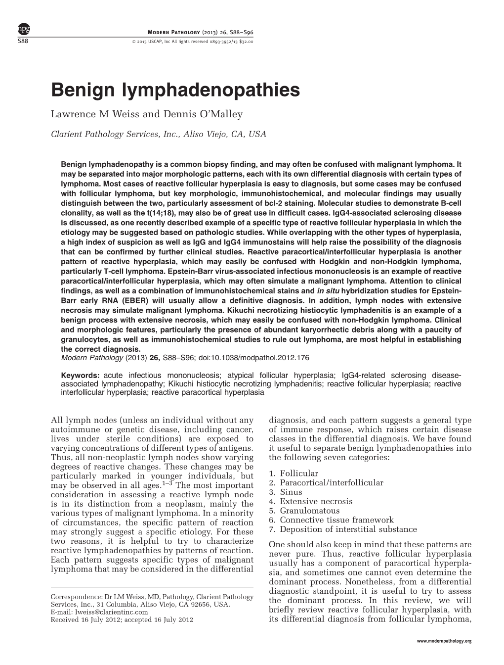 Benign Lymphadenopathies Lawrence M Weiss and Dennis O’Malley