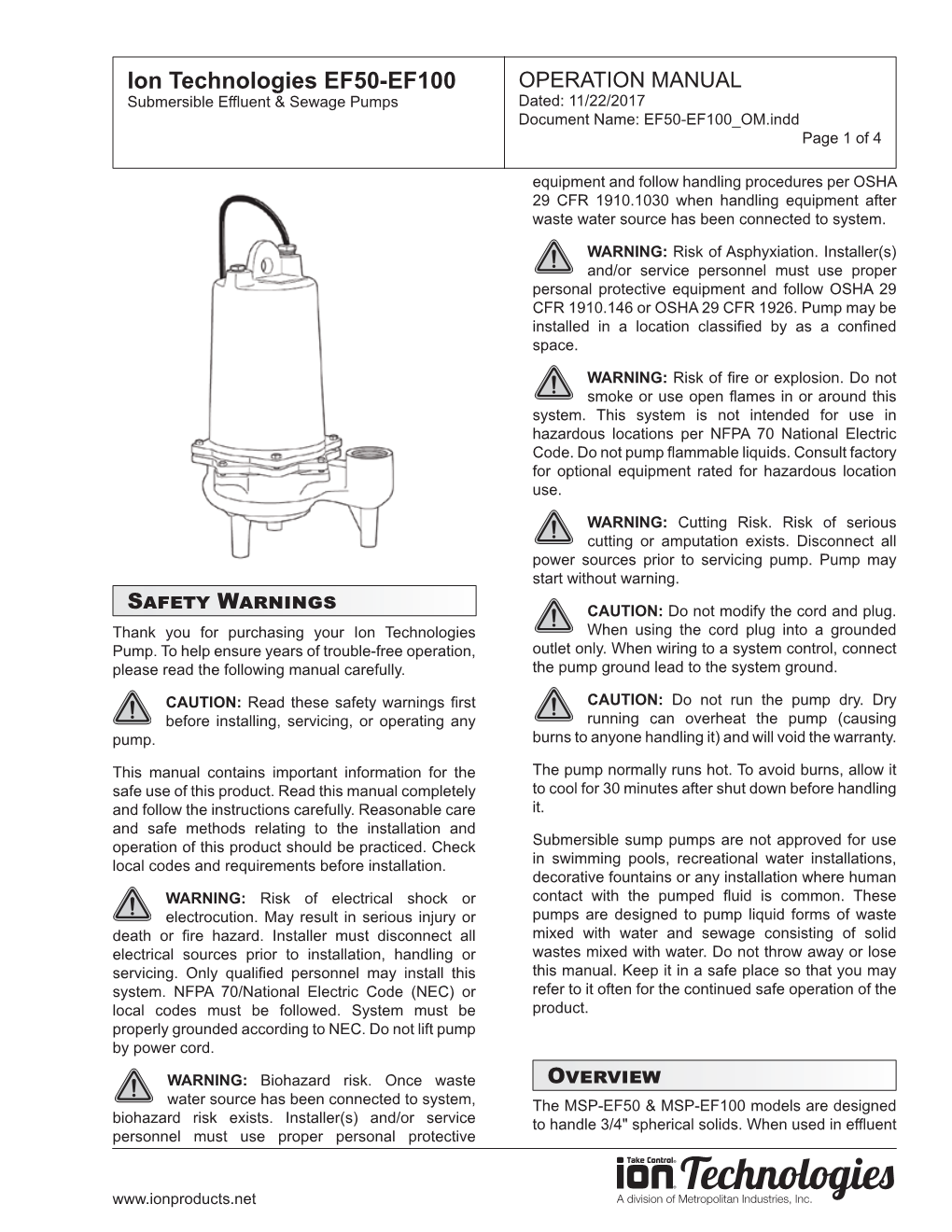 Ion Technologies EF50-EF100 OPERATION MANUAL Submersible Effluent & Sewage Pumps Dated: 11/22/2017 Document Name: EF50-EF100 OM.Indd Page 1 of 4