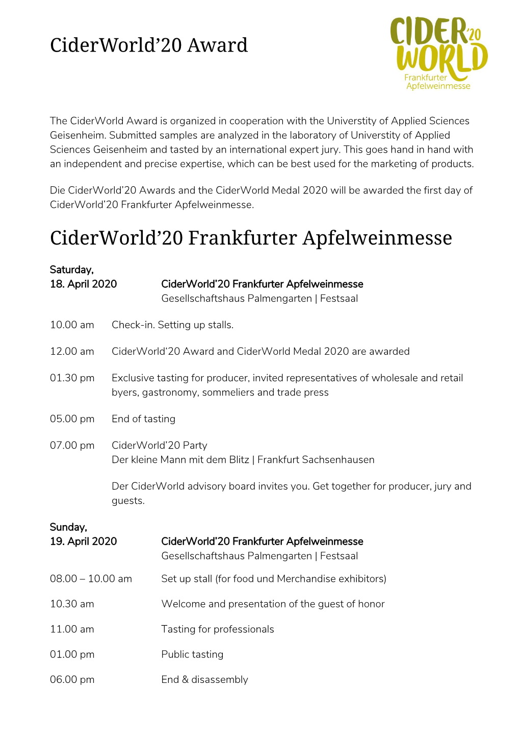 Ciderworld'20 Award Ciderworld'20 Frankfurter Apfelweinmesse