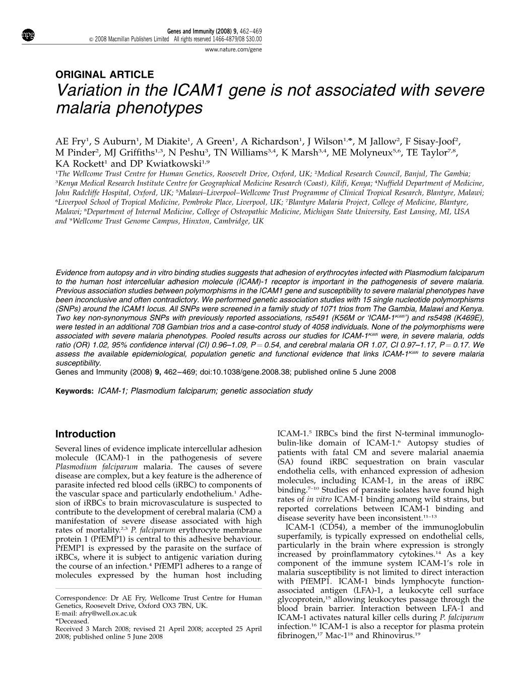 Variation in the ICAM1 Gene Is Not Associated with Severe Malaria Phenotypes