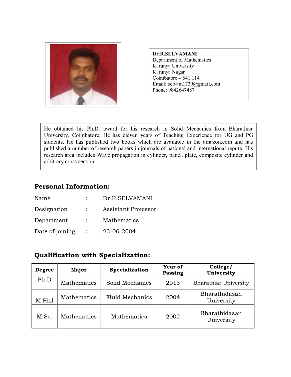 Dr.R.SELVAMANI Department of Mathematics Karunya University Karunya Nagar Coimbatore