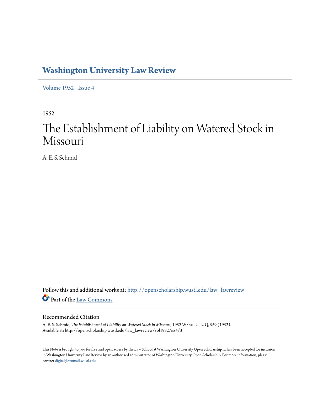 The Establishment of Liability on Watered Stock in Missouri A