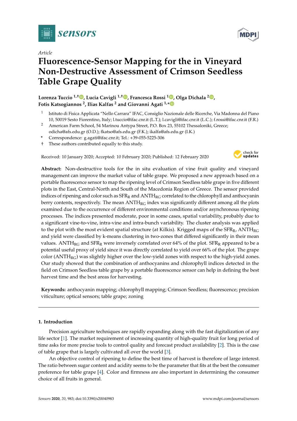 Fluorescence-Sensor Mapping for the in Vineyard Non-Destructive Assessment of Crimson Seedless Table Grape Quality