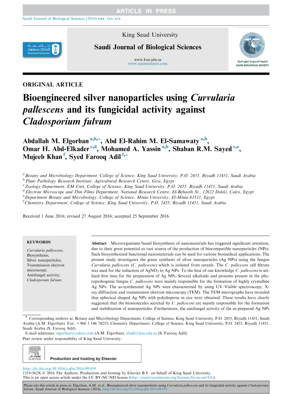 Bioengineered Silver Nanoparticles Using Curvularia Pallescens and Its Fungicidal Activity Against Cladosporium Fulvum