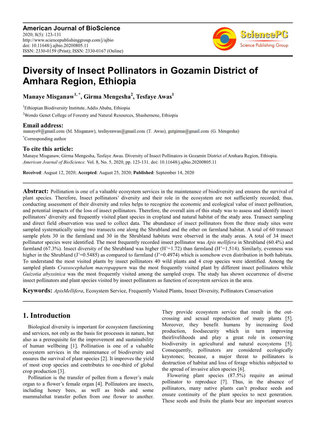 Diversity of Insect Pollinators in Gozamin District of Amhara Region, Ethiopia