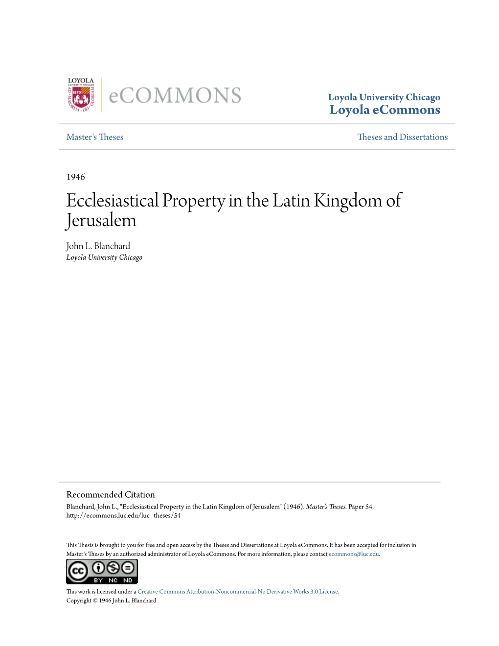 Ecclesiastical Property in the Latin Kingdom of Jerusalem John L