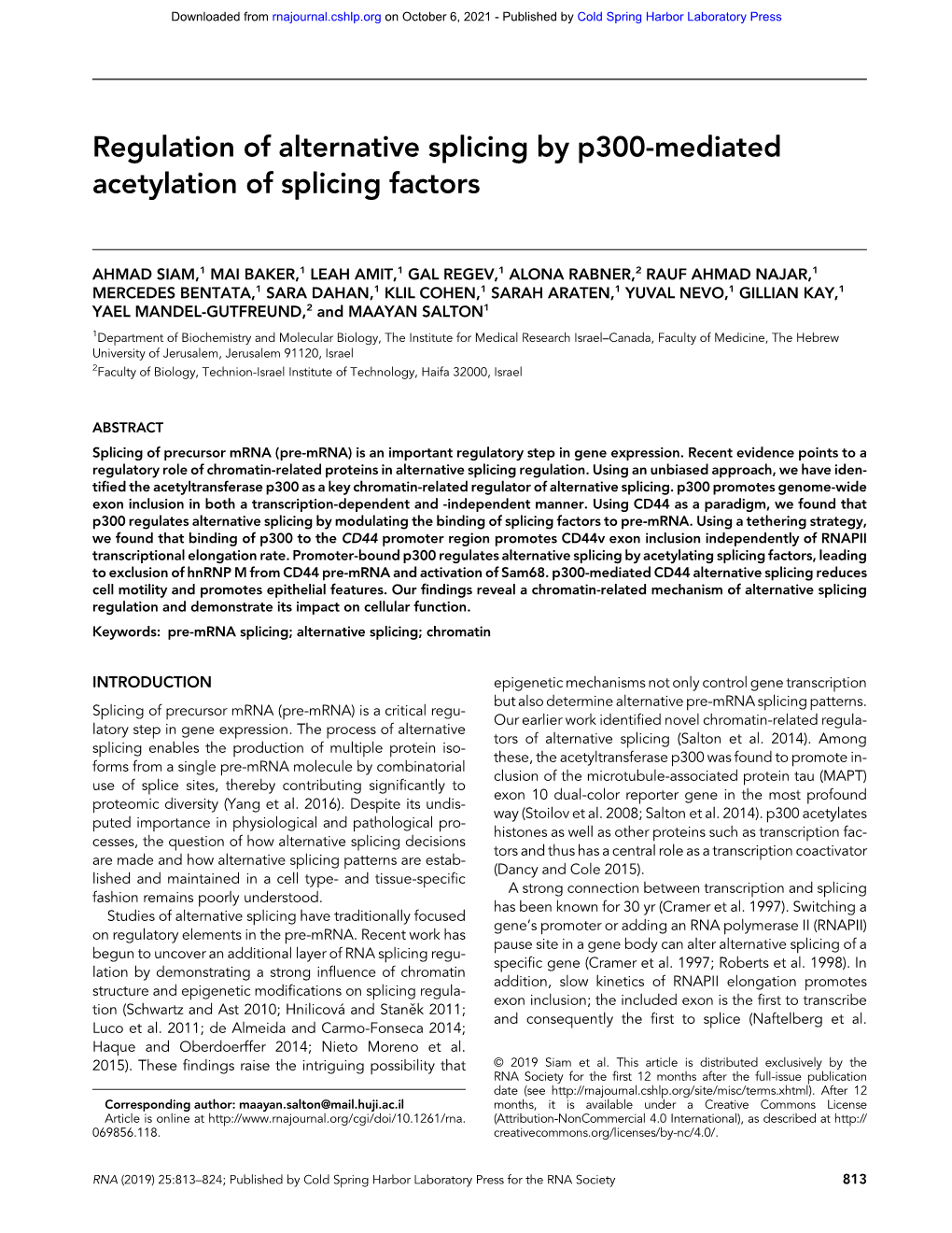 Regulation of Alternative Splicing by P300-Mediated Acetylation of Splicing Factors