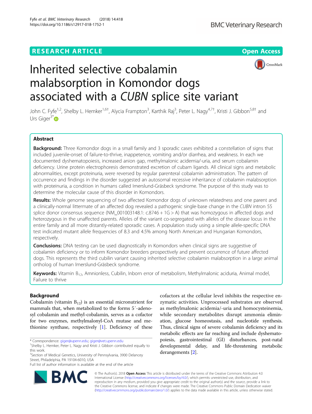 Inherited Selective Cobalamin Malabsorption in Komondor Dogs Associated with a CUBN Splice Site Variant John C
