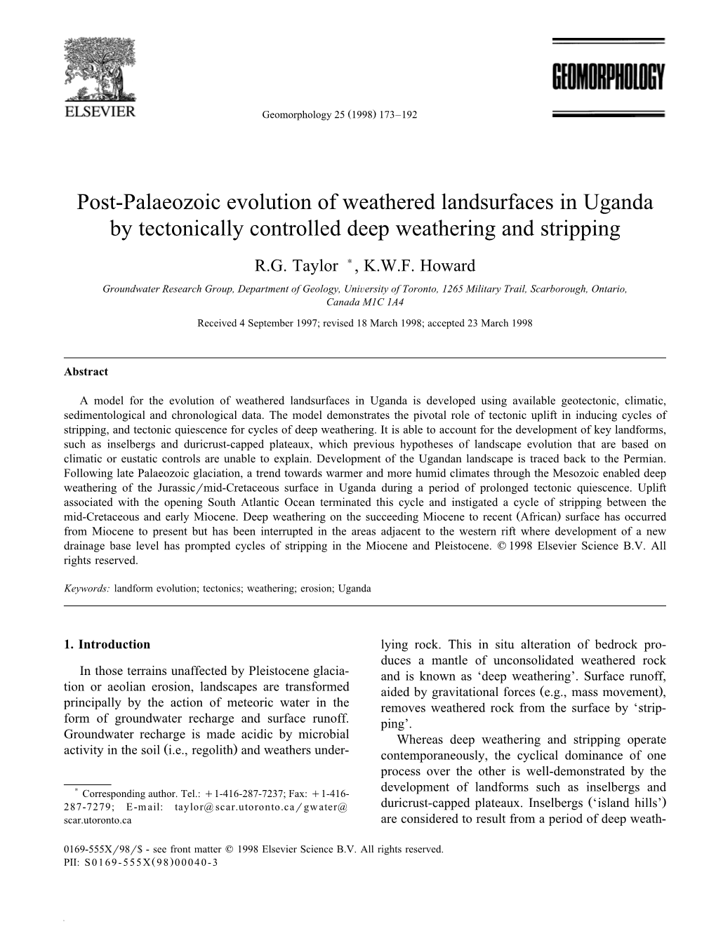 Post-Palaeozoic Evolution of Weathered Landsurfaces in Uganda by Tectonically Controlled Deep Weathering and Stripping