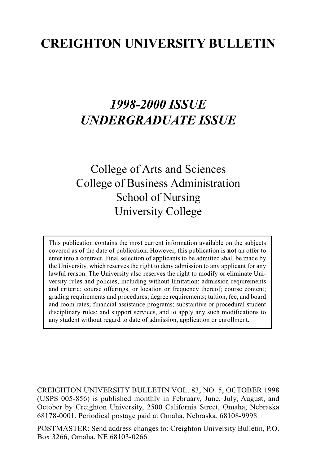 Creighton University Bulletin 1998-2000 Issue