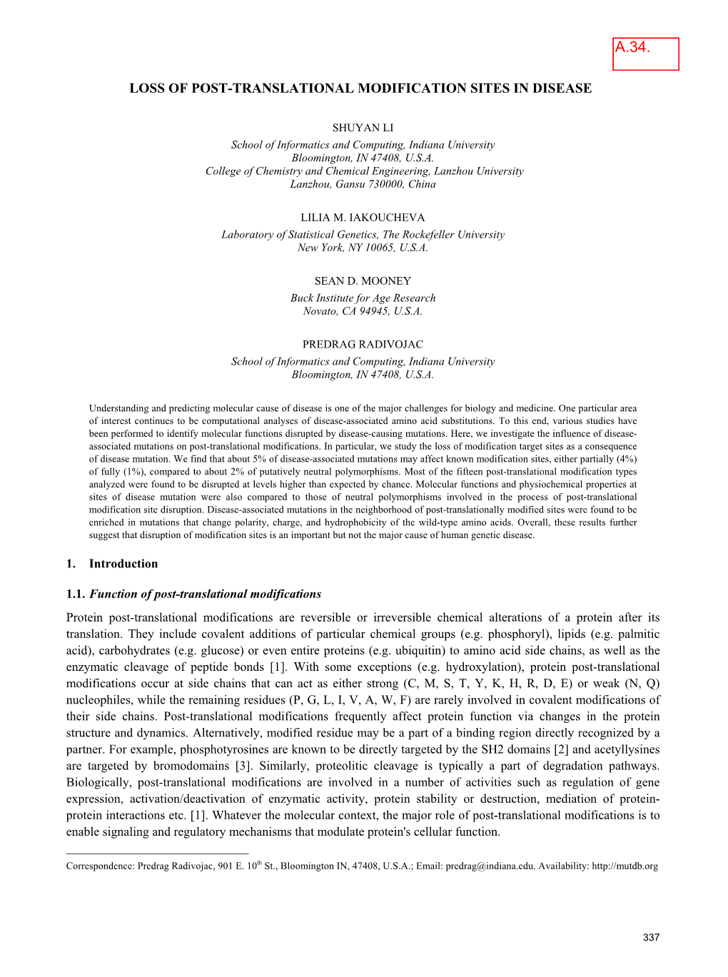 Loss of Post-Translational Modification Sites in Disease1