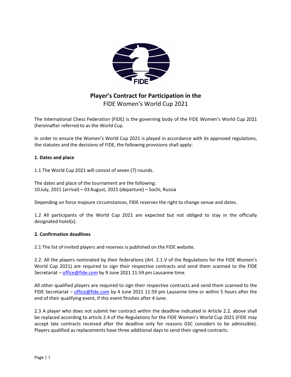 Player's Undertaking for Participation In