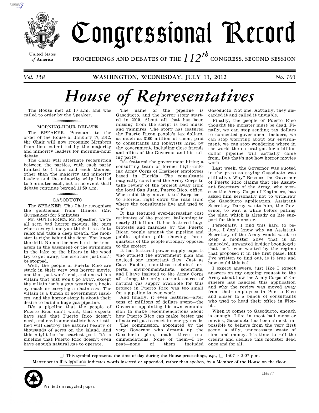 Congressional Record United States Th of America PROCEEDINGS and DEBATES of the 112 CONGRESS, SECOND SESSION