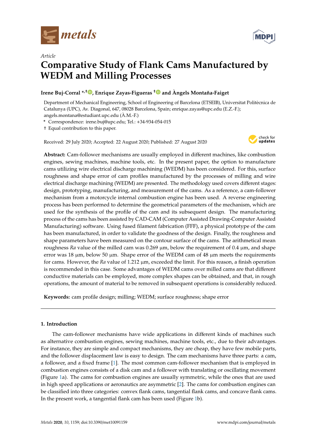 Comparative Study of Flank Cams Manufactured by WEDM and Milling Processes