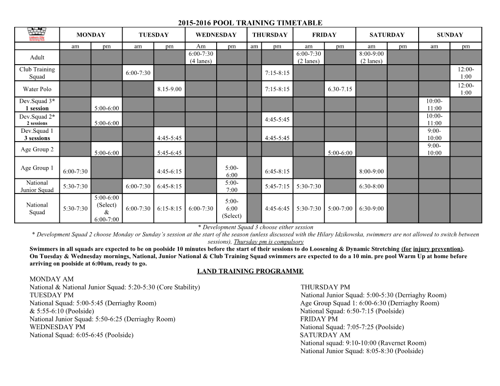 2012-2013 Pool Training Timetable