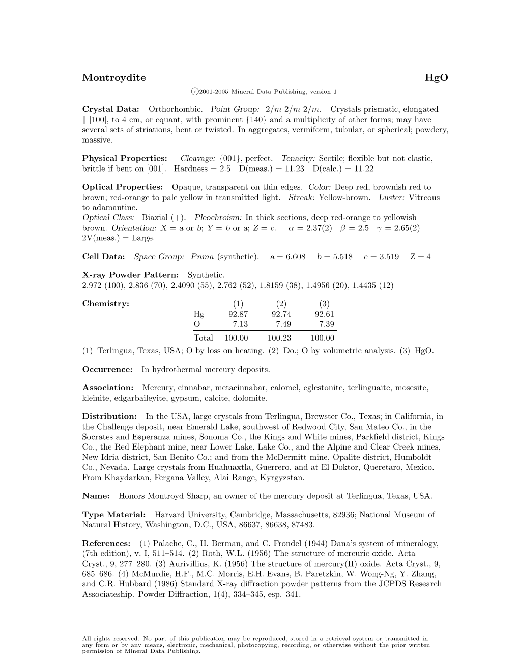 Montroydite Hgo C 2001-2005 Mineral Data Publishing, Version 1