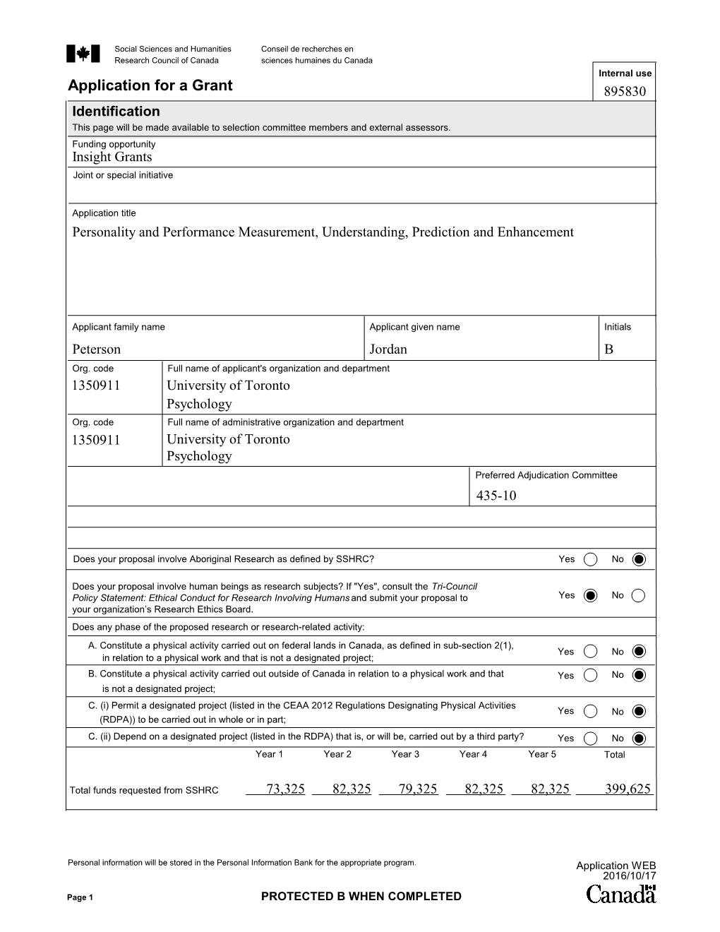 Application for a Grant 895830 Identification This Page Will Be Made Available to Selection Committee Members and External Assessors