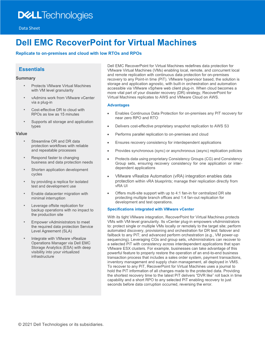 Recoverpoint for Virtual Machines Data Sheet