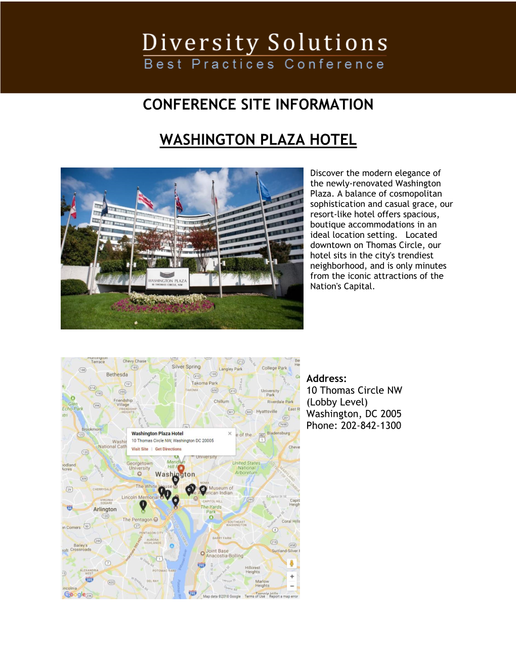 Conference Site Information Washington Plaza Hotel