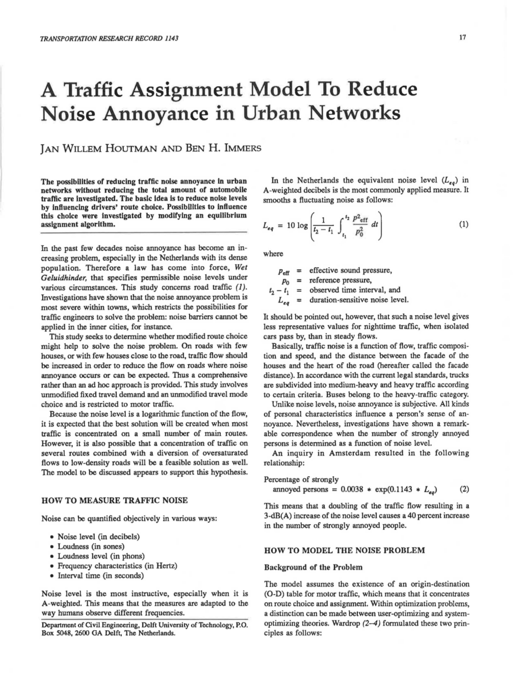 A Traffic Assignment Model to Reduce Noise Annoyance in Urban Networks