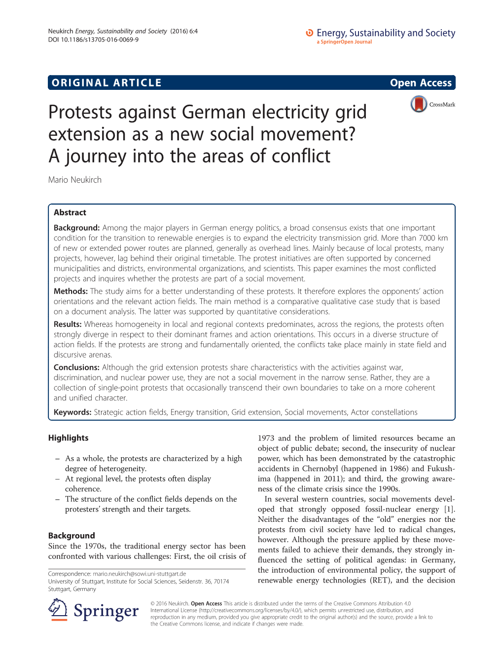 Protests Against German Electricity Grid Extension As a New Social Movement? a Journey Into the Areas of Conflict Mario Neukirch