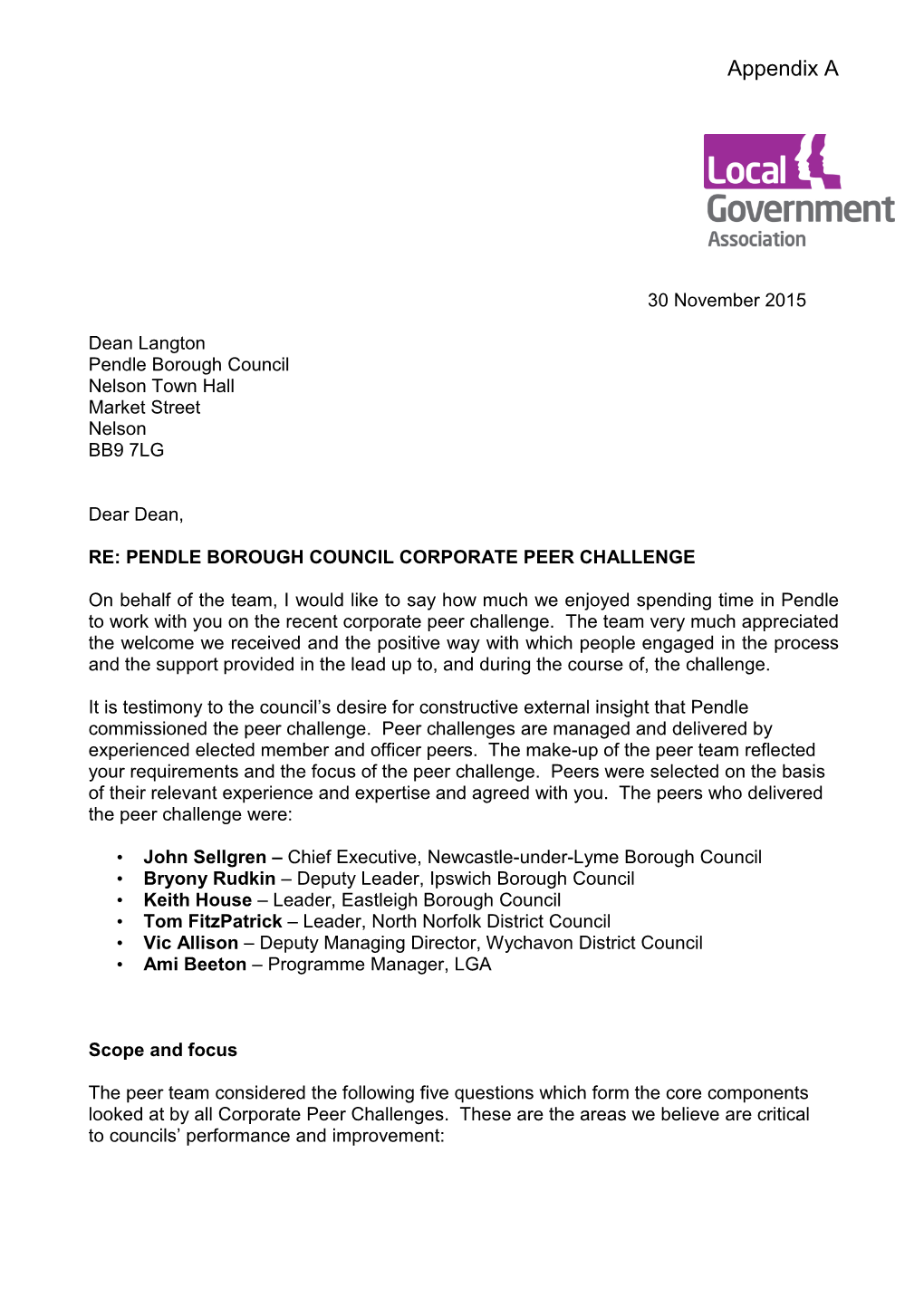 Corporate Peer Challenge Pendle Borough Council 2015