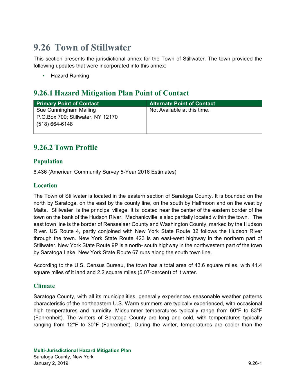 9.26 Town of Stillwater This Section Presents the Jurisdictional Annex for the Town of Stillwater