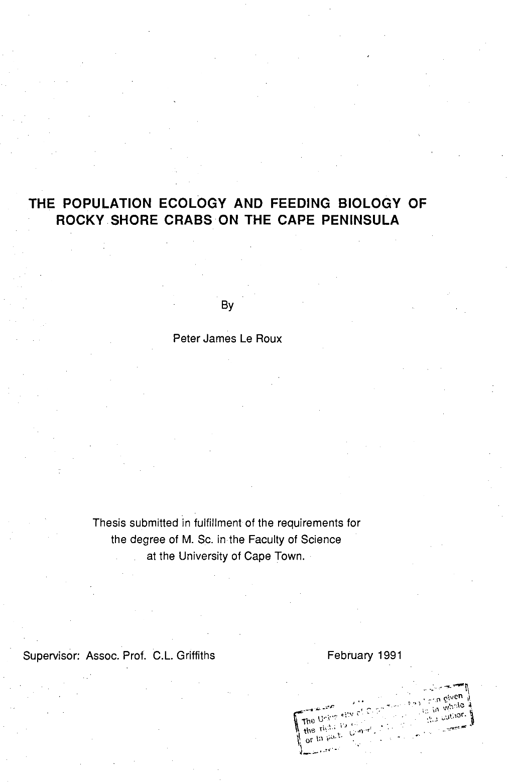 The Population Ecology and Feeding Biology of Rocky Shore Crabs On
