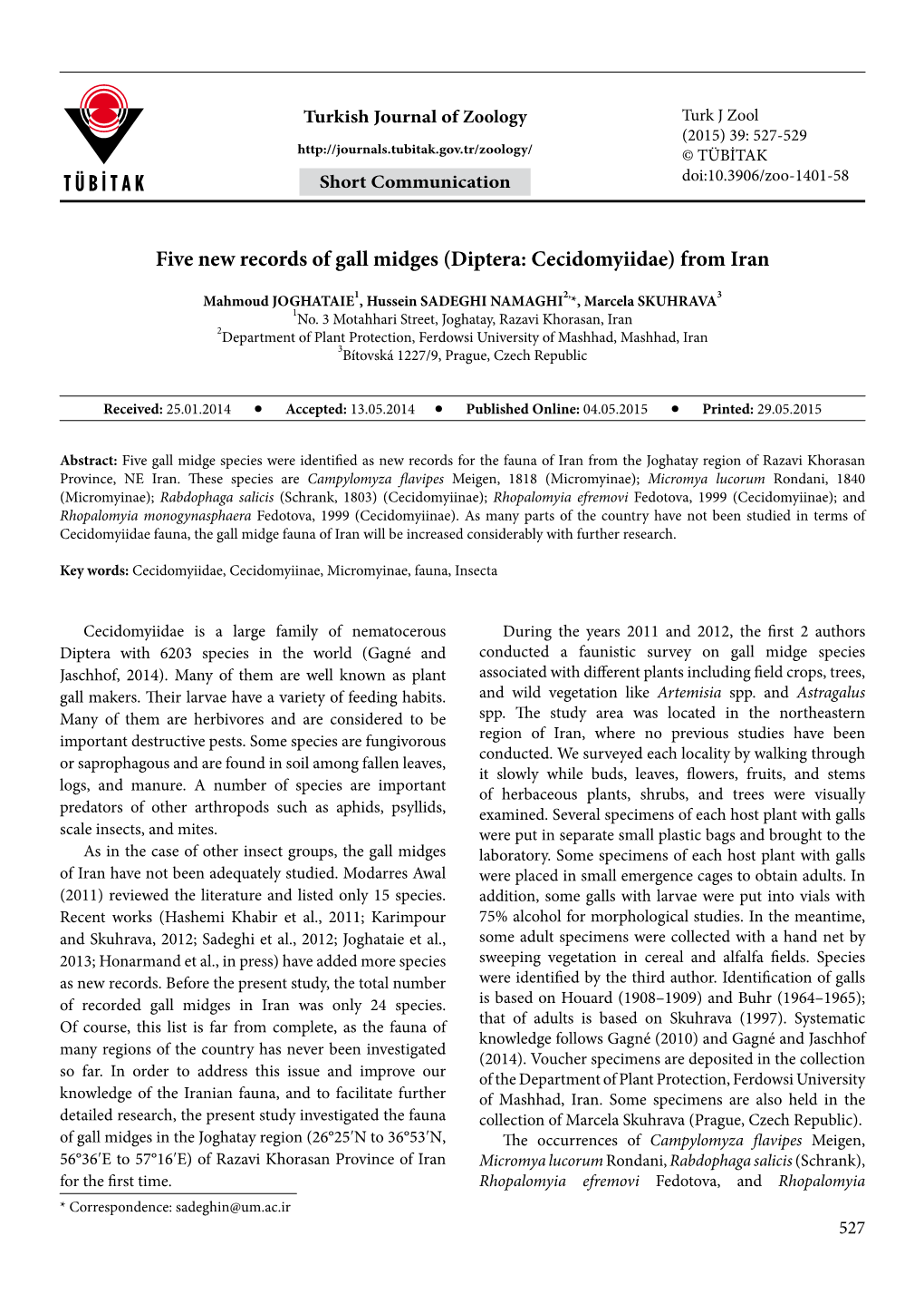 Five New Records of Gall Midges (Diptera: Cecidomyiidae) from Iran