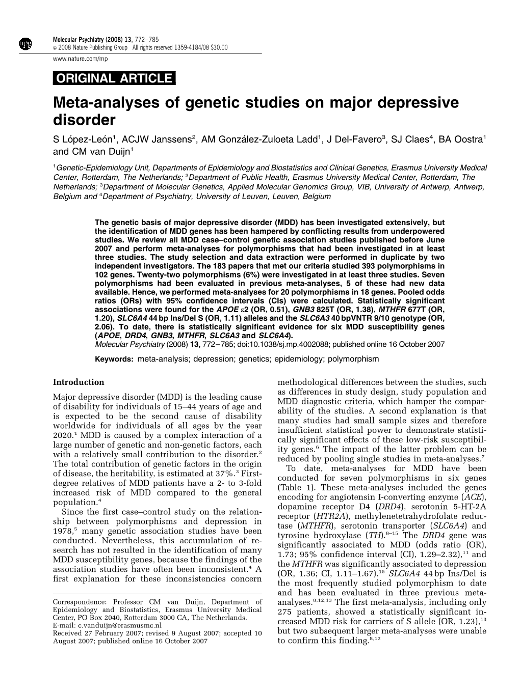Meta-Analyses of Genetic Studies on Major Depressive Disorder
