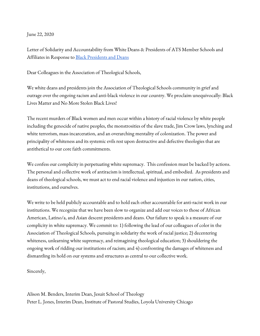 June 22, 2020 Letter of Solidarity and Accountability from White Deans