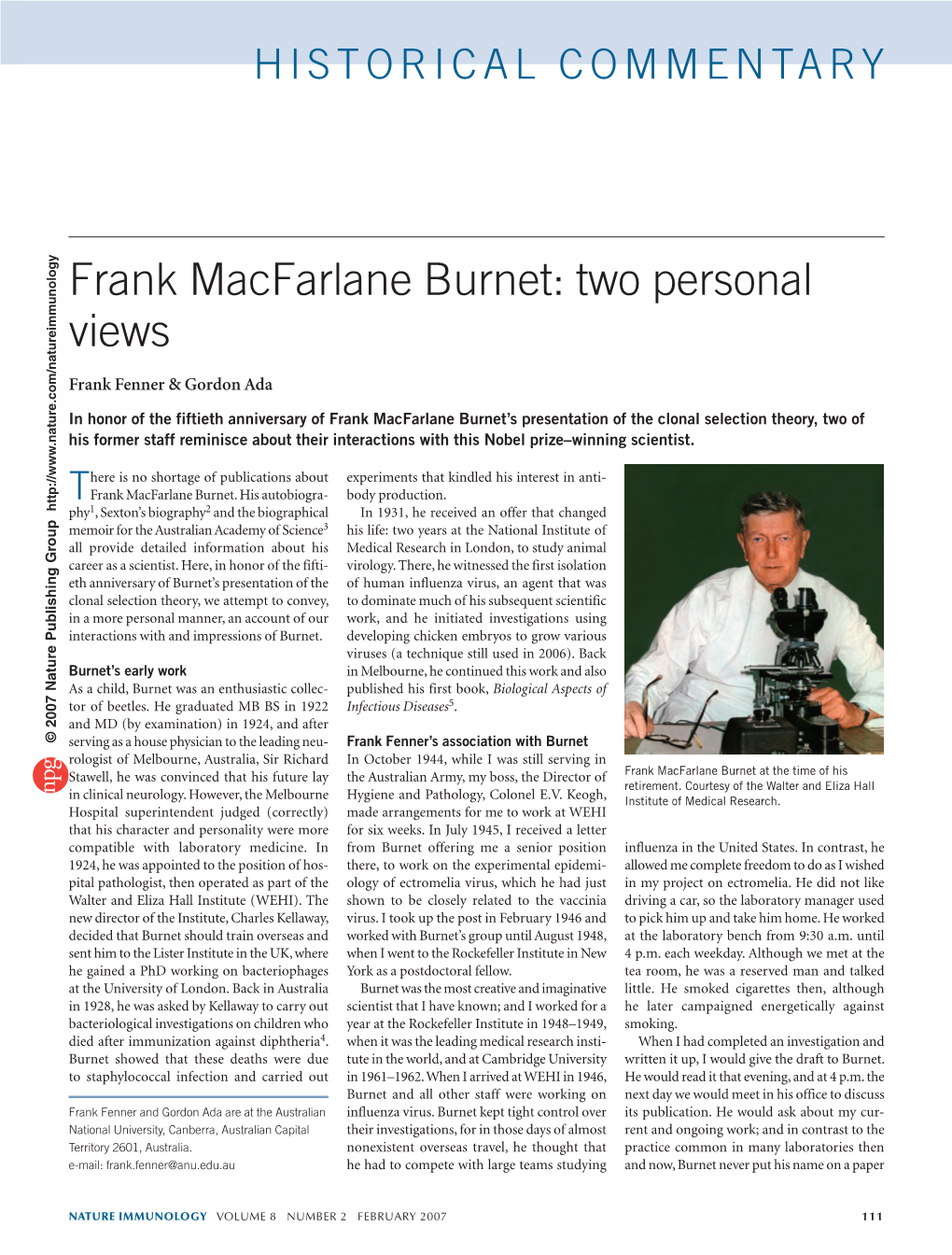 Frank Macfarlane Burnet: Two Personal Views