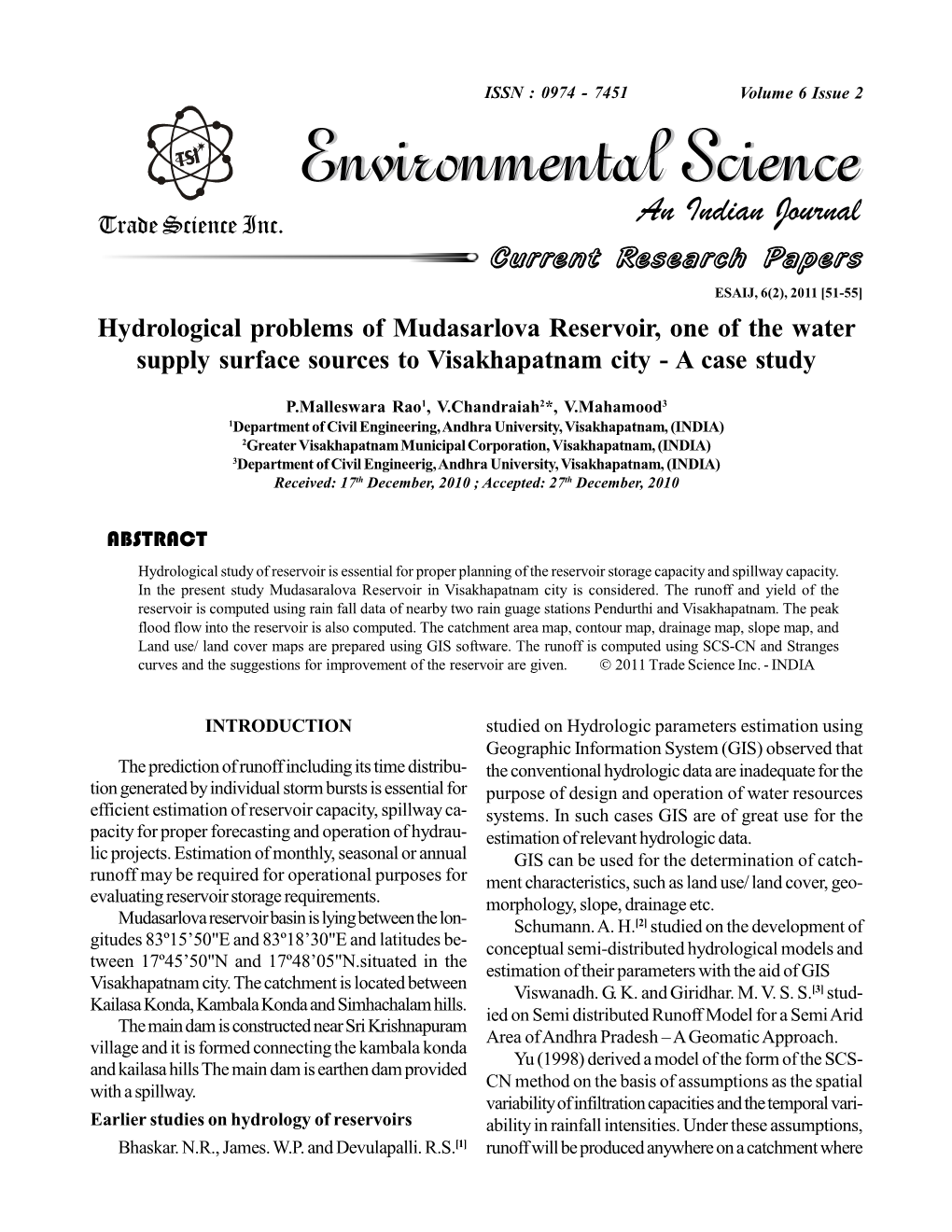 Hydrological Problems of Mudasarlova Reservoir, One of the Water Supply Surface Sources to Visakhapatnam City - a Case Study