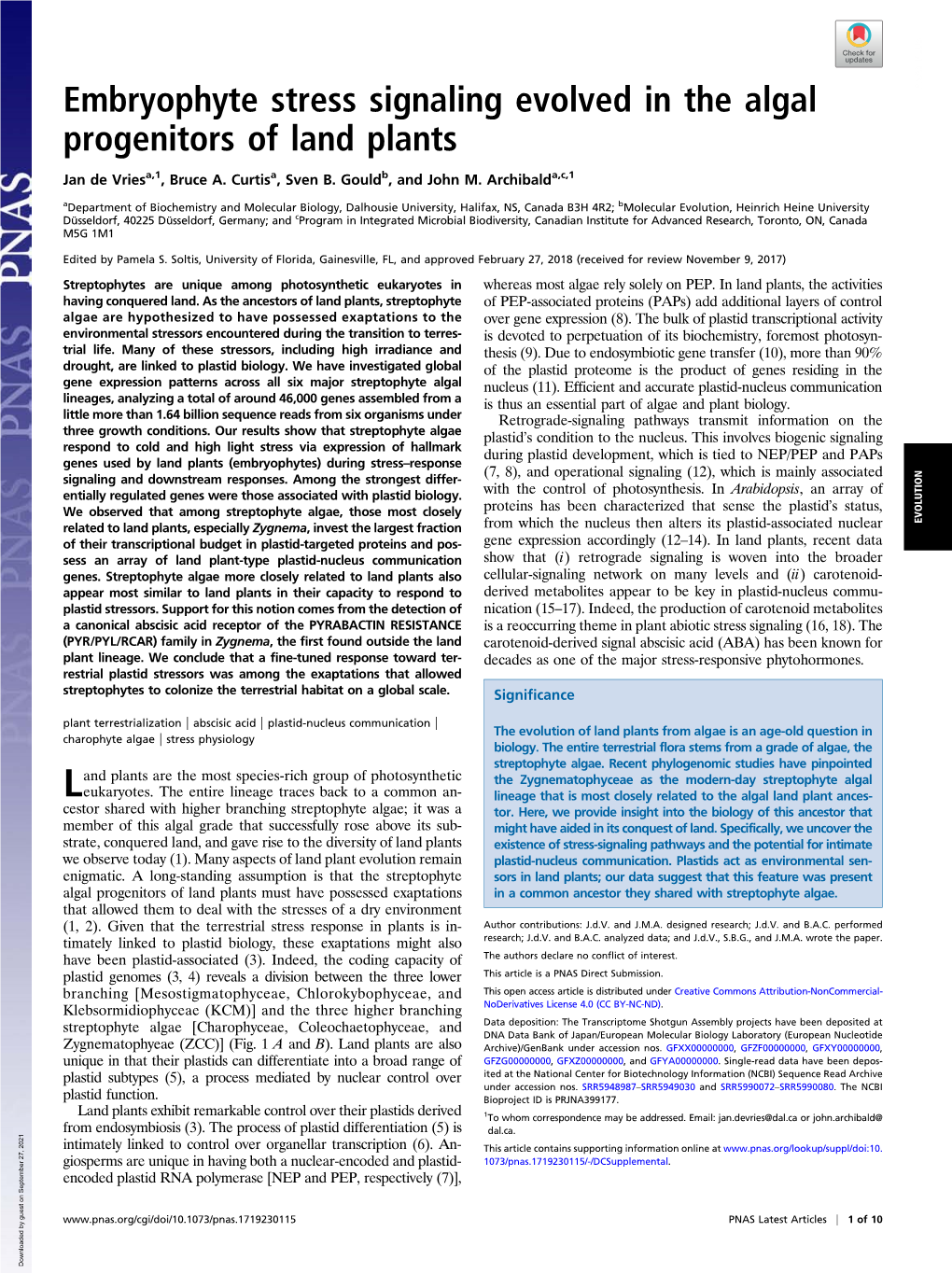 Embryophyte Stress Signaling Evolved in the Algal Progenitors of Land Plants