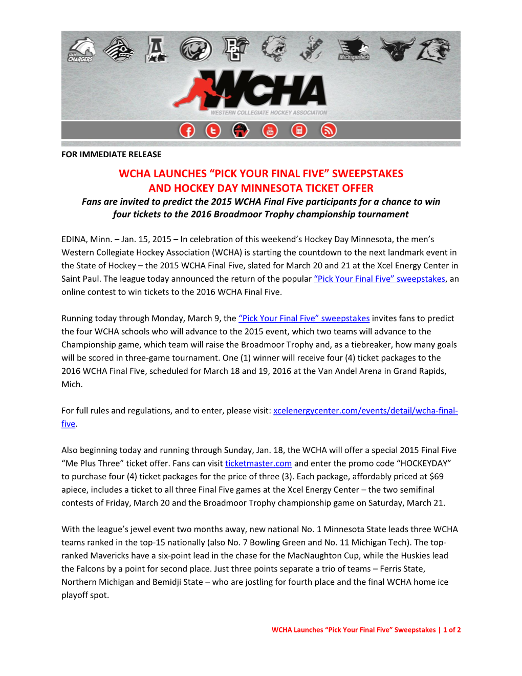 Wcha Launches “Pick Your Final Five” Sweepstakes And