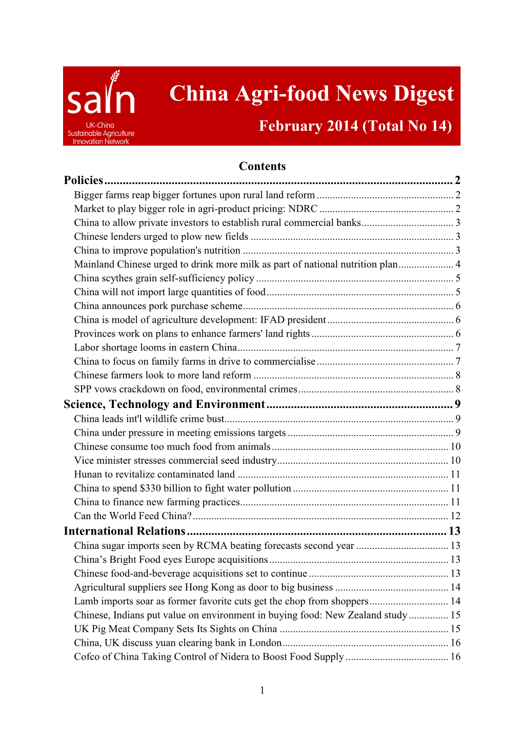 China Agri-Food News Digest February 2014 (Total No 14)