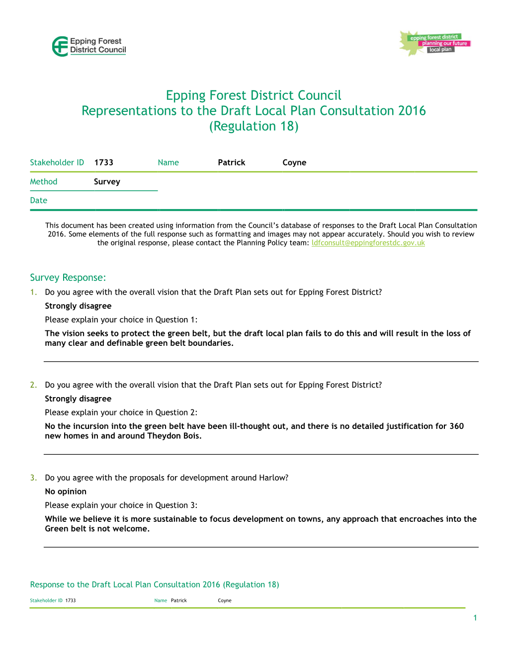 Epping Forest District Council Representations to the Draft Local Plan Consultation 2016 (Regulation 18)