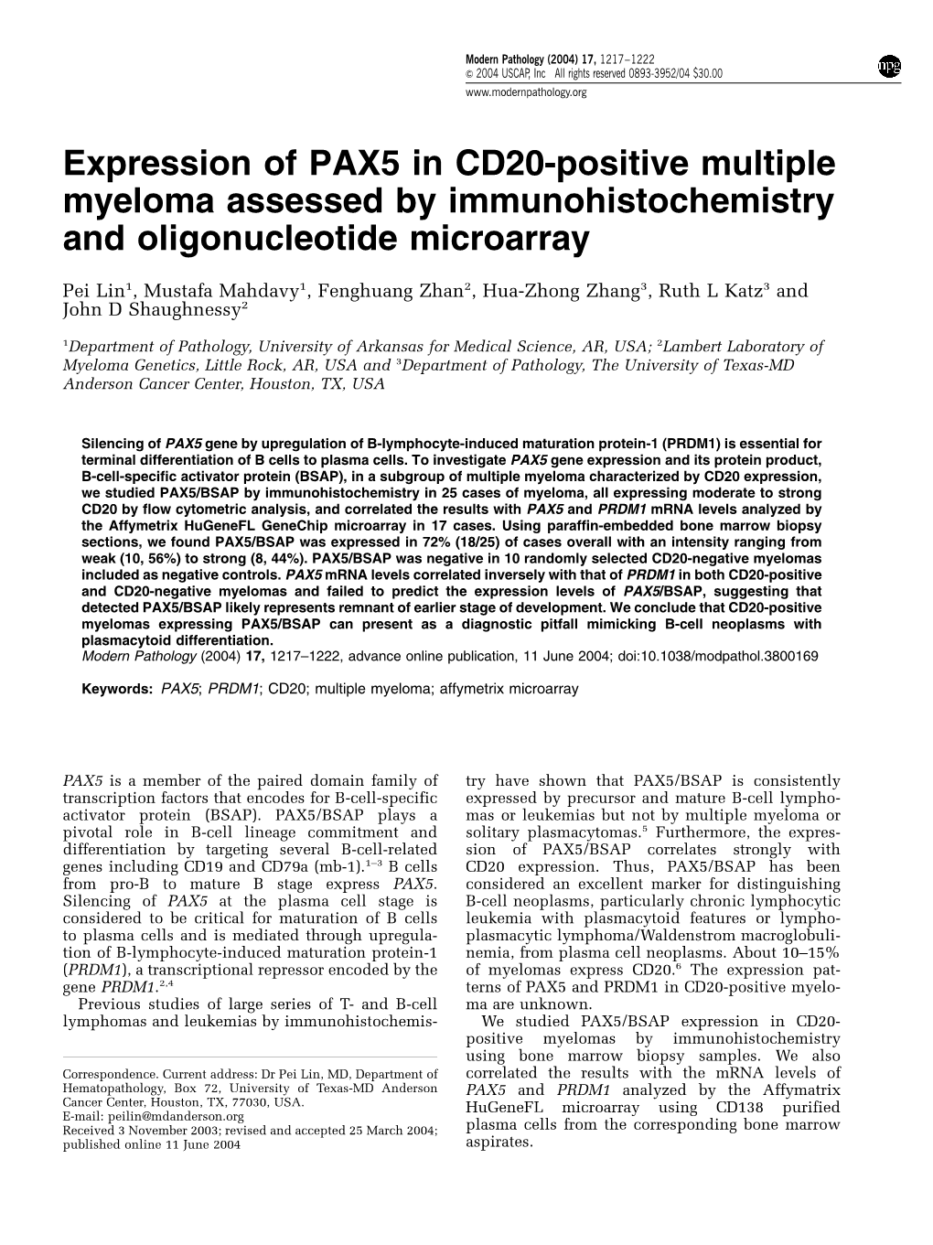 Expression of PAX5 in CD20-Positive Multiple Myeloma Assessed by Immunohistochemistry and Oligonucleotide Microarray